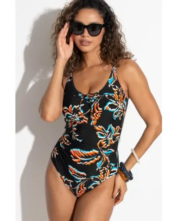 Mauritius Scoop Neck Tummy Control Swimsuit - Black/Orange/Blue