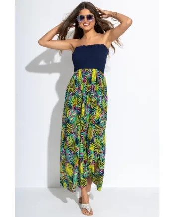 Strapless Shirred Split Maxi Beach Dress - Navy Fern