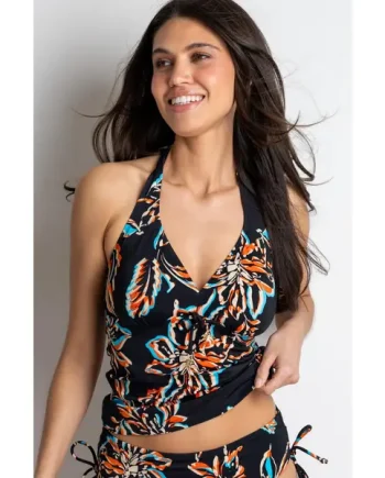 Madrid Halter Tankini Top - Black/Orange/Blue