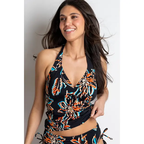 Madrid Halter Tankini Top - Black/Orange/Blue