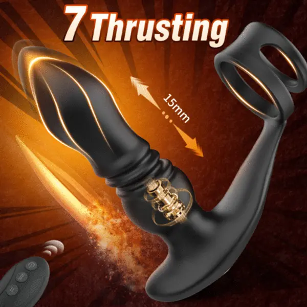 7 Thrusting Anal Vibrator with Double Cock Ring Delays Ejaculation Unforgettable Orgasms