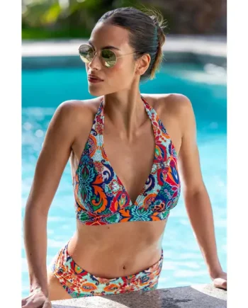 Venice Beach Non-Wired Longline Removable Cup Halter Top - Navy/Aqua