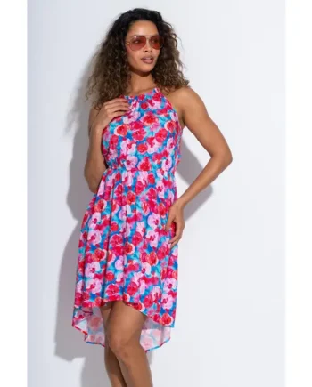 Amber Gold Chain High Neck Beach Dress - Blue/Pink
