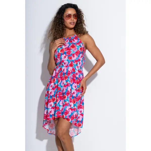 Amber Gold Chain High Neck Beach Dress - Blue/Pink