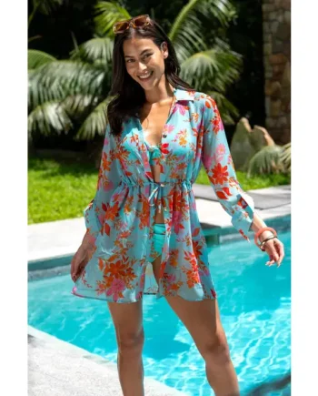 Chiffon Button Through Beach Shirt - Aqua/Orange