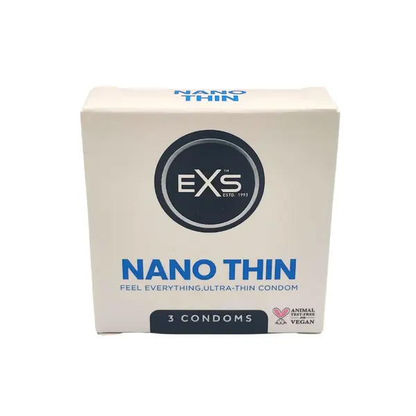 Packet of 3 EXS Nano Thin Condoms in box