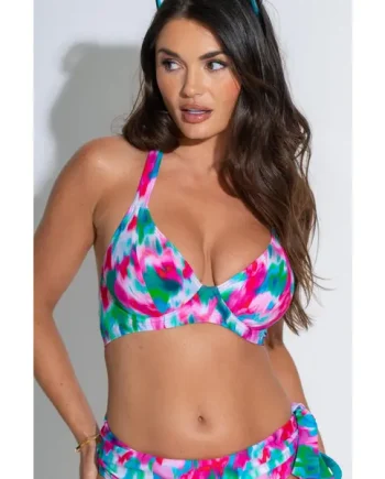 Malibu Underwired Non-Padded Halter Bikini Top - Pink/Green/Blue