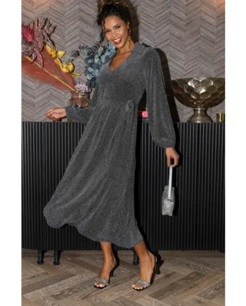 Emily Sparkle V-Neck Tie Waist Midi Dress - Silver