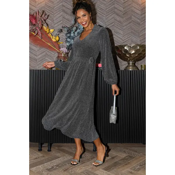 Emily Sparkle V-Neck Tie Waist Midi Dress - Silver