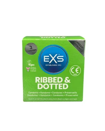 Packet of 3 EXS Ribbed and Dotted Condoms in box