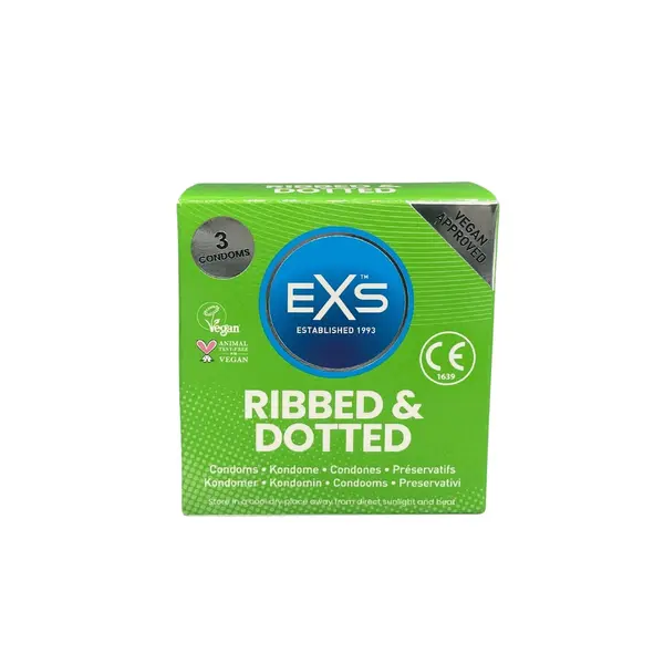 Packet of 3 EXS Ribbed and Dotted Condoms in box