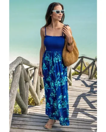 Emma Strapless Shirred Bodice Maxi Beach Dress - Navy Floral