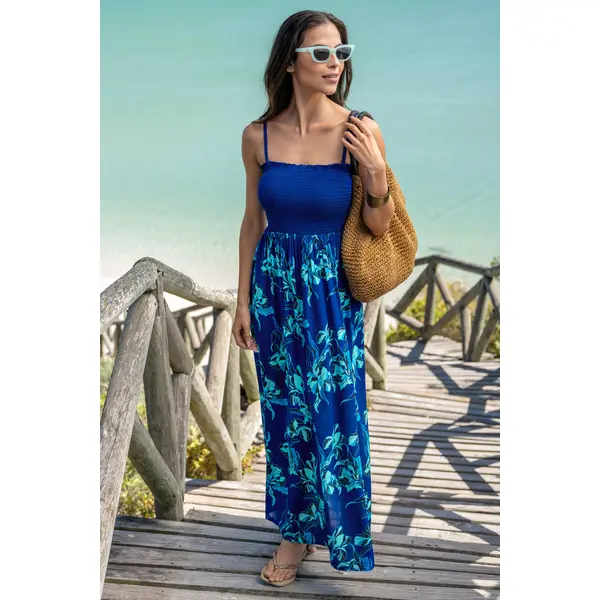 Emma Strapless Shirred Bodice Maxi Beach Dress - Navy Floral