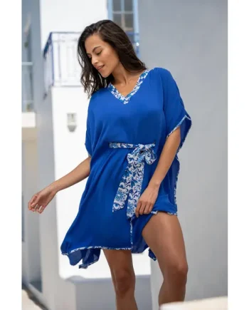 Printed Belt Crinkle Kaftan - Ultramarine