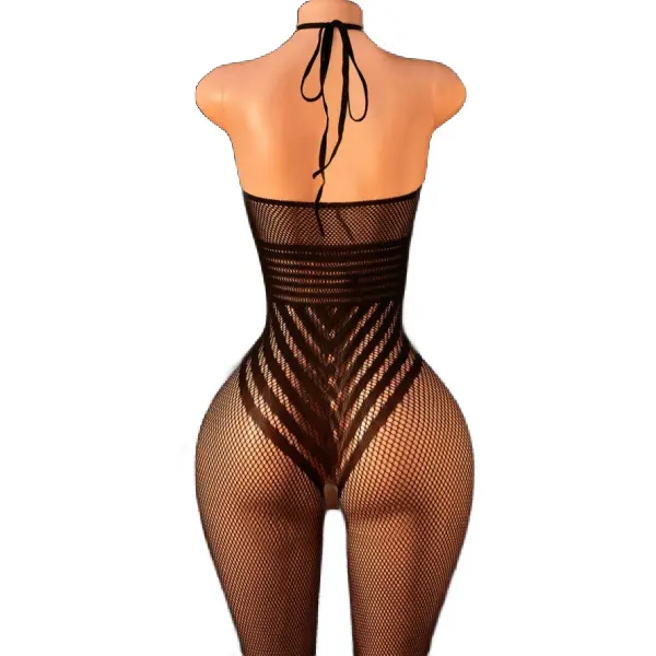 Striped Fishnet Halter Bodysuit – Backless, Bold & Beautiful